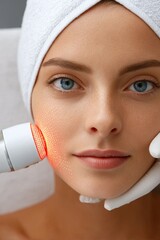 Female Client Undergoing Radiofrequency Skin Tightening Treatment for Rejuvenation in a Spa Setting
