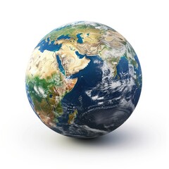 A detailed 3D rendering of planet Earth, showcasing continents, oceans, and cloud formations against a stark white background.  The sphere casts a subtle shadow, enhancing its three-dimensionality