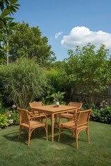 Obraz premium Outdoor Bamboo Patio Set on Lush Green Lawn under Blue Sky, Surrounded by Trees and Flowers