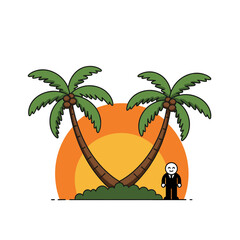 Cartoon Palm Trees with Sunset Background