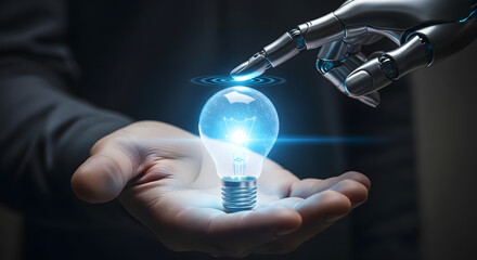 Human and Robot hands share brilliant idea showing Lightbulb Technology