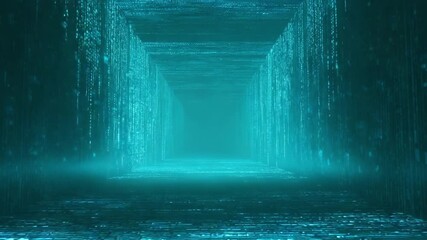 Flying through a futuristic cyan tunnel made of streaming digital code and glowing particles, representing concepts like big data, artificial intelligence, and virtual reality technology - Powered by Adobe