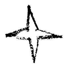 Abstract black four pointed star cross with rough grunge edges. Distressed vector illustration isolated on transparent background. Ideal for punk, edgy and retro design projects