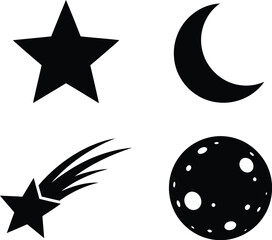 Celestial icons with star, moon, comet, and planet