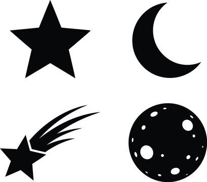 Celestial icons with star, moon, comet, and planet
