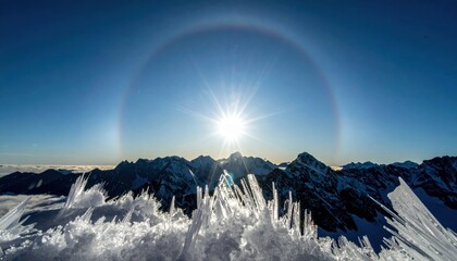 High altitude ice crystals shimmering halo around bright sun representing atmospheric optics and winter sky ambience suitable for science education weather explainers and clean design