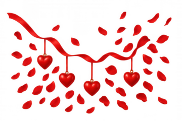 Red hearts hanging on ribbon with falling rose petals, symbolizing love and valentine's day on transparent background