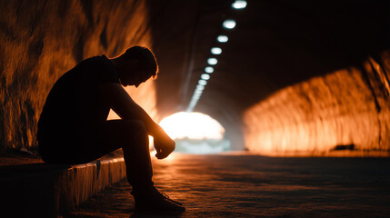 Silhouette of a man sitting on a bench in a dark tunnel, head down, hands clasped in despair, dramatic warm light in background, concept of depression and loneliness. silhouette de