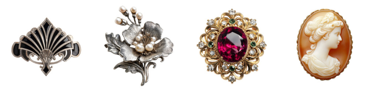 Elaborate vintage brooches in unique designs and colors on transparent background