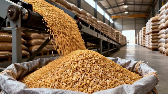 Dynamic grain harvesting in modern facility promises bountiful yields, embodying efficiency and agricultural progress, ideal for food production visuals