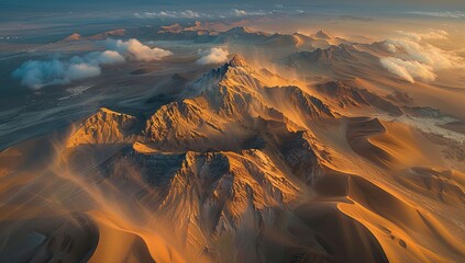 Aerial view of a vast, mountainous desert landscape bathed in the warm golden light of sunrise or sunset.  Sand dunes flow around rugged, textured peaks, some shrouded in mist or light clouds