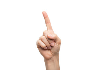 An extreme close-up of a light-skinned adult hand with groomed nails, index finger pointing up/left, isolated on a bright white studio background with copy space. Concept of direction or selection