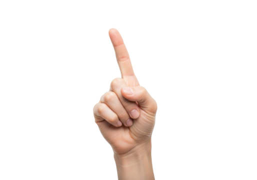 An extreme close-up of a light-skinned adult hand with groomed nails, index finger pointing up/left, isolated on a bright white studio background with copy space. Concept of direction or selection