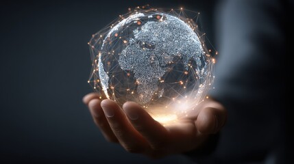Holding Digital World Globe Network in Hand Business Connectivity Concept Ultra high quality, smooth details, soft lighting, glowing light realistic , 8K resolution