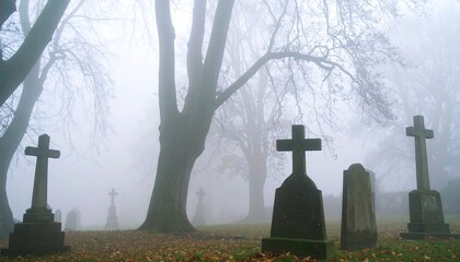 Foggy cemetery scene