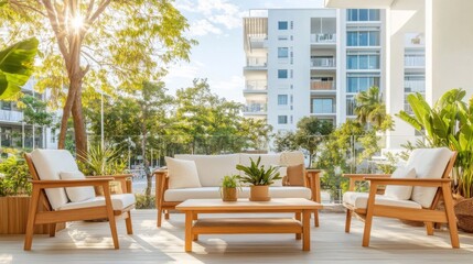 Fototapeta premium Modern living room with large window overlooking trees and buildings, A bright mix