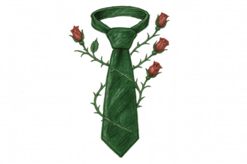 Green necktie entwined with thorny rose stems and red rosebuds, illustrating formal wear and complex relationships