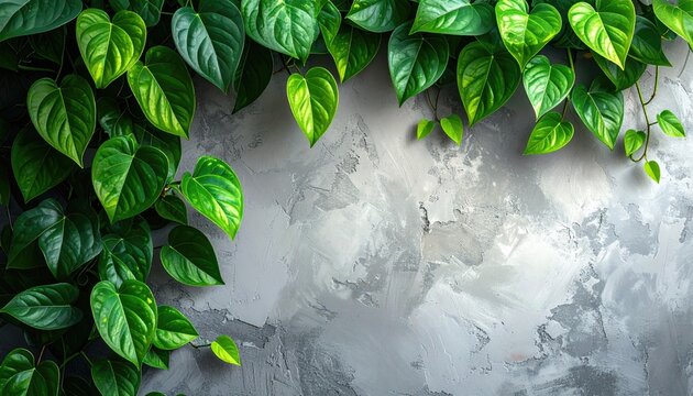 Fototapeta Lush green heart-shaped leaves cascade against a textured gray backdrop, creating a vibrant contrast between nature and urban design