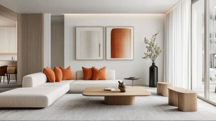 Fototapeta premium Modern Living Room with White Sofa, Blue Pillows, Artworks, Wooden A featuring cozy