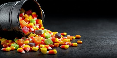 Candy, corn, and jelly sweets spilling from a metal bucket on black background. Halloween candy elements offer space for themed food designs with text on left.