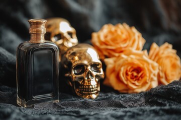 Perfume, skulls, and roses in a stylized Halloween mockup with golden accents. Central composition is suitable for cosmetic branding, dark beauty themes, or luxury product display.