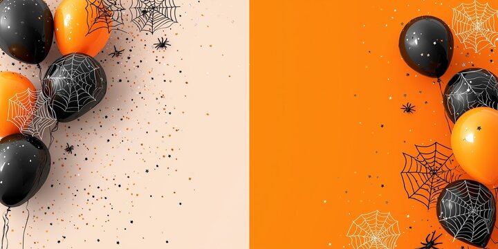 Balloons, Halloween, and decoration with spider and glitter elements on a two-color background in orange and beige. 