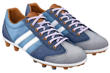 A pair of stylish soccer shoes featuring a mix of blue and gray tones with prominent white stripes and a classic lace-up design.