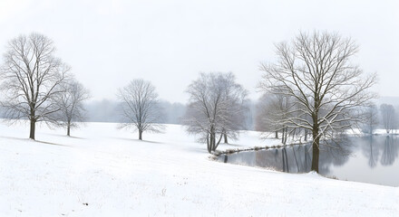 Fototapeta premium Winter Wonderland Frozen Trees by Lake during Snowfall in Minimalist Landscape
