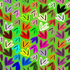 Fototapeta premium seamless pattern with colorful leaves. Seamless pattern with colorful abstract leaf-like shapes on green background. Hand drawn doodle leafs background. Doodle leaves pattern background.