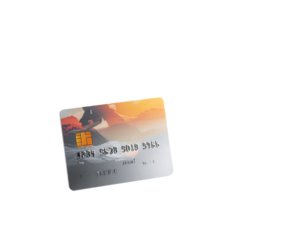 A grayscale credit card with a blurred sunset and silhouetted figures on its surface, angled slightly and set against a black background