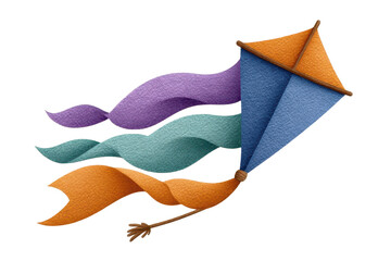 A colorful kite with flowing ribbons, showcasing vibrant textures and hues, elegantly caught in motion.