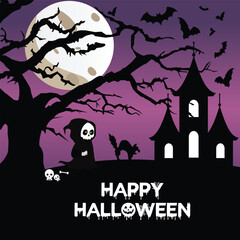 Halloween background with haunted house. Happy Halloween night background banner, poster social media template design with moon, witch, ghost, bat and haunted house vector.