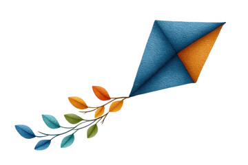 A colorful kite with a leaf-like tail, showcasing vibrant shades of blue, orange, and green, symbolizing freedom and creativity.