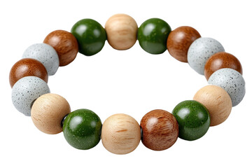A colorful beaded bracelet featuring a mix of wooden and stone beads in various natural tones.