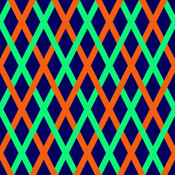Modern seamless geometric lattice pattern with intersecting orange and green lines on a dark blue background. Abstract design suitable for textile, wallpaper, wrapping paper, and digital decoration.