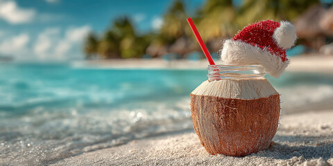 Coconut drink wearing Santa hat with red straw on white sandy beach against turquoise ocean background, symbol of tropical Christmas holiday vacation concept, daylight, copy space