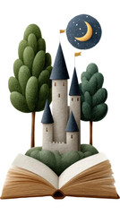 A whimsical castle atop an open book, surrounded by lush trees and a crescent moon, evoking a sense of magic and storytelling.