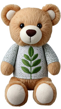 A soft teddy bear wearing a cozy sweater adorned with a green leaf design, featuring round ears and expressive eyes.