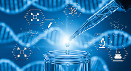 Pipette dropping liquid into a beaker with scientific icons overlayed on a blue background representing medical research and development process
