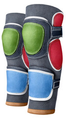 Colorful knee pads designed for protection during physical activities, featuring vibrant cushioning and secure straps for comfort and safety.