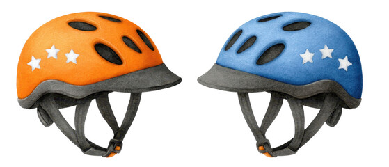 Two colorful cycling helmets, one orange with stars and one blue, showcasing safety gear for biking enthusiasts.