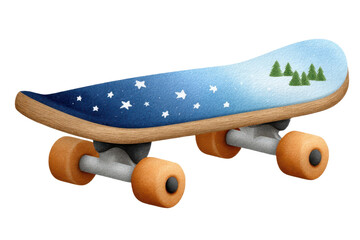 A colorful skateboard featuring a night sky design with stars and trees.