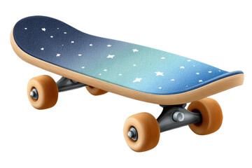 A skateboard with a gradient design featuring stars and smooth wheels, showcasing a blend of creativity and functionality.