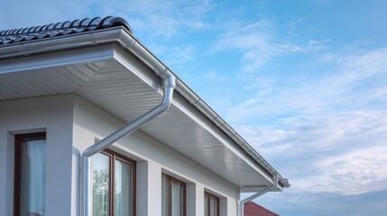 Modern aluminum rain gutters installed on a beautiful house facade with sleek design and durable weather-resistant exterior finish.