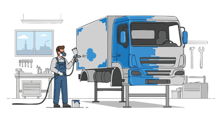Mechanic Painting a Semi-Truck with a Spray Gun in a Workshop