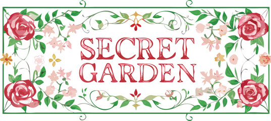 Logo of a secret garden featuring lush greenery and whimsical elements, symbolizing tranquility and hidden beauty.