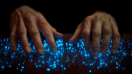 Hands typing on a glowing blue digital keyboard with illuminated keys