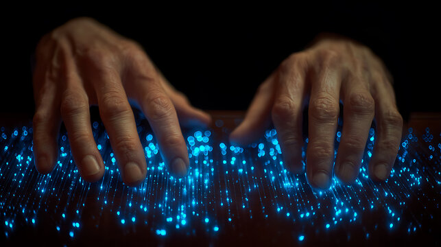 Hands typing on a glowing blue digital keyboard with illuminated keys