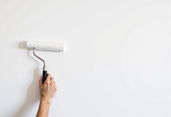 Person Skillfully Using a Paint Roller to Apply a Coat of White Paint on a Smooth Wall, Focusing on Clean, Even Application Techniques with Minimal Streaks