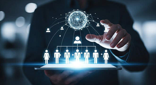 Businessman using digital tablet displaying global network and organizational chart for business strategy and team management solutions